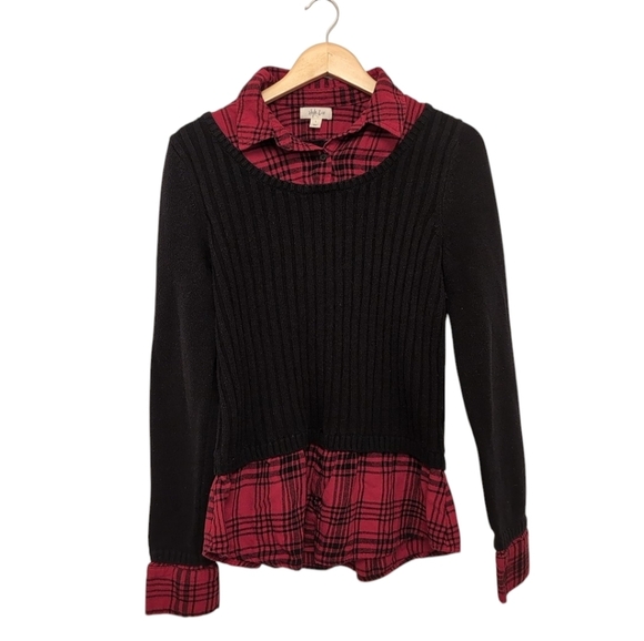 STYLE&CO Black Layered Sweater Red Flannel Plaid Shirt Collar Grunge Goth Large - Picture 2 of 7